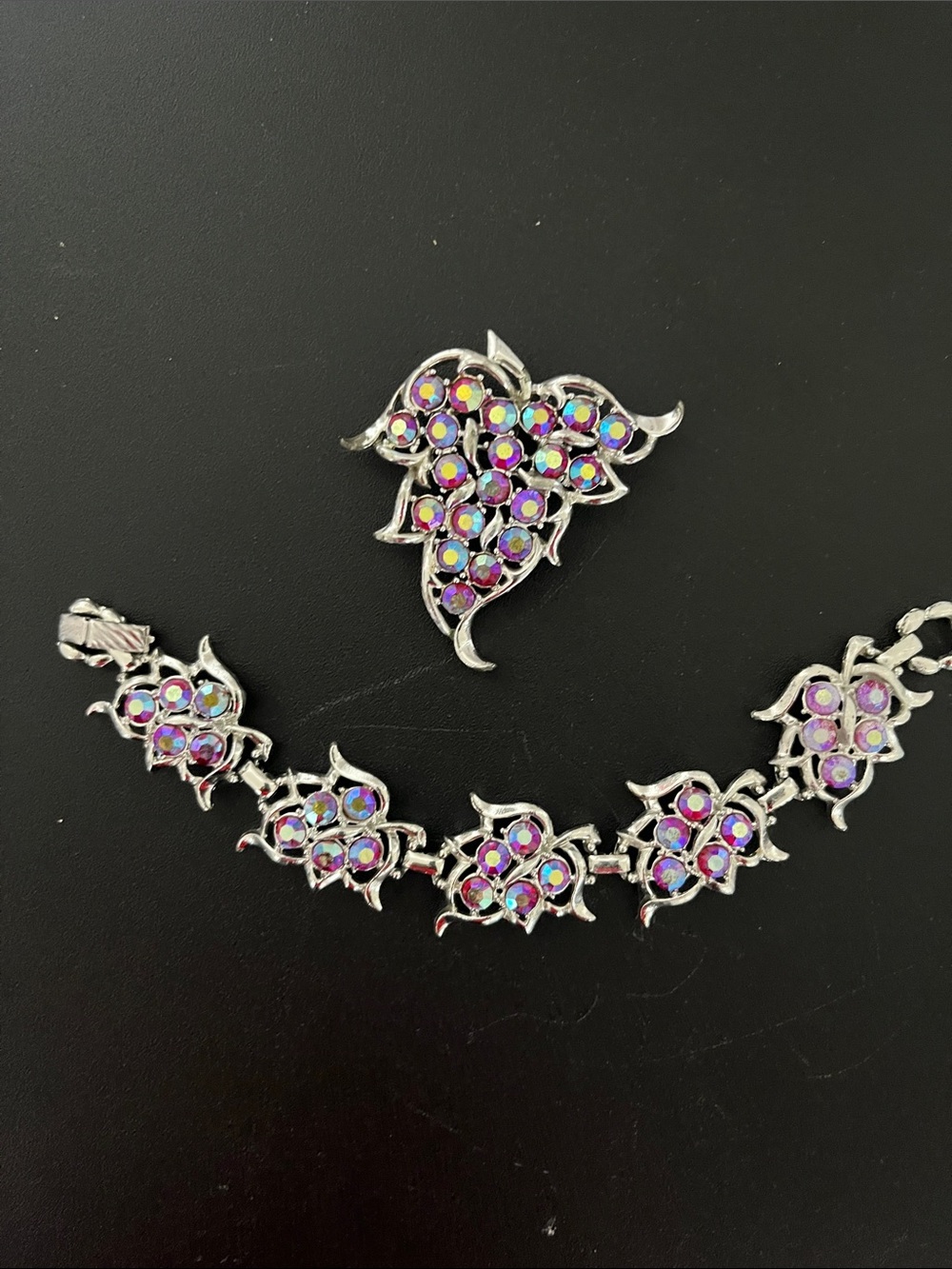 Lisner silver-Tone Purple Aurora Crystal Floral Brooch and Bracelet Set
